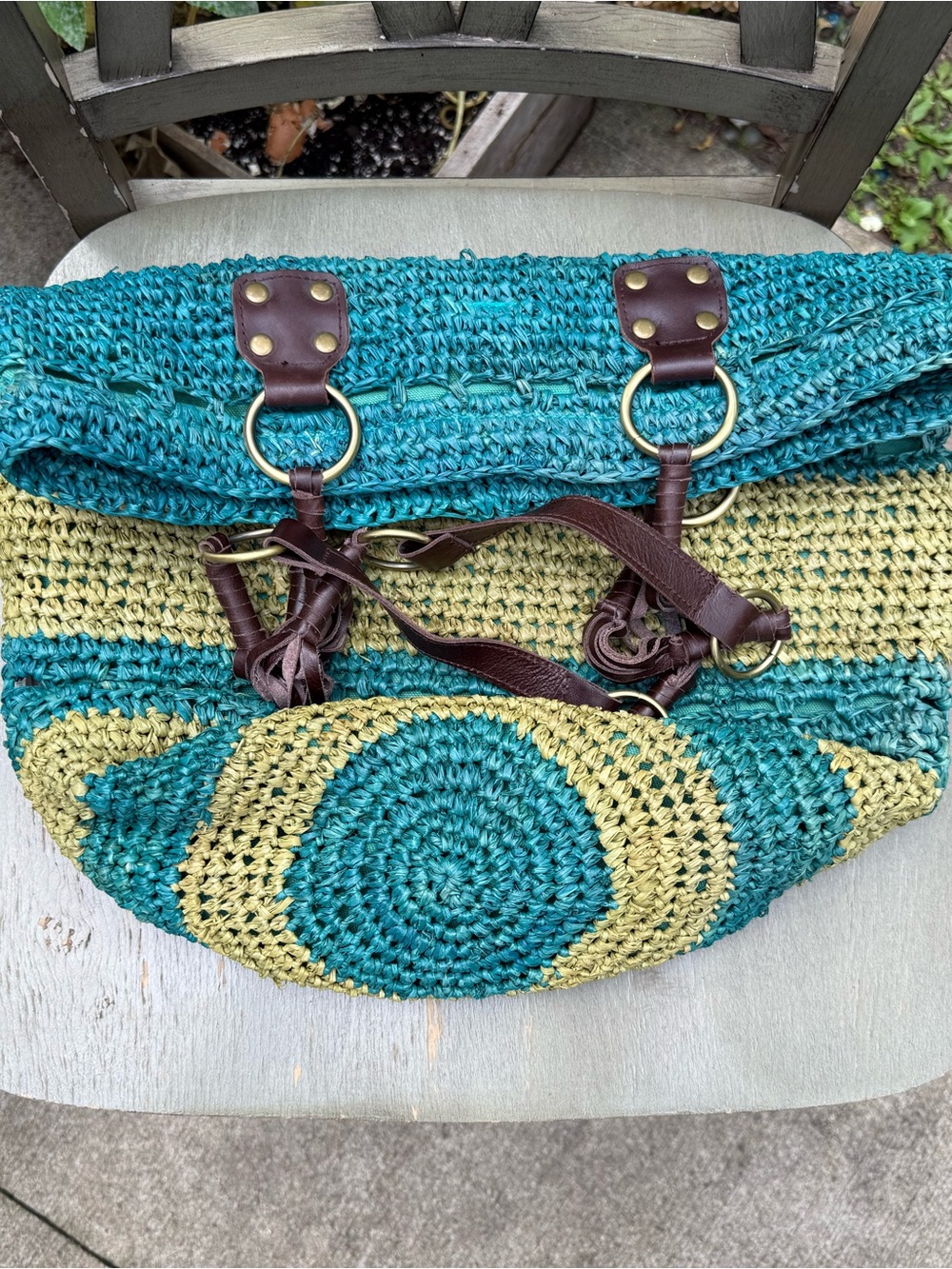 Flora Bella Woven Straw Tote Bag in Teal/Green with Brown Leather Handles